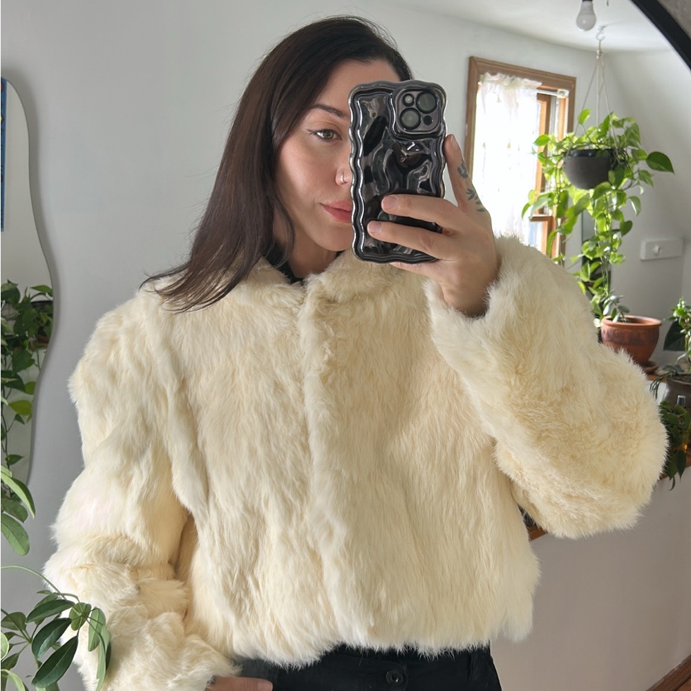 Vintage White Rabbit Fur Crop Jacket - Size Large
